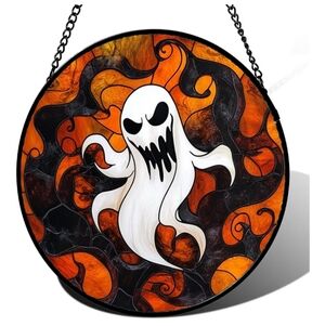 2/$20 Halloween Ghost Stained Glass-Style Hanging Wall Art, Orange